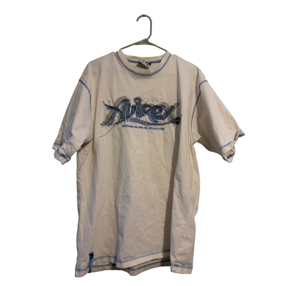 Avirex Mens Graphic Logo T-Shirt White Blue Contrast‎ Stitch Y2K Streetwear XL